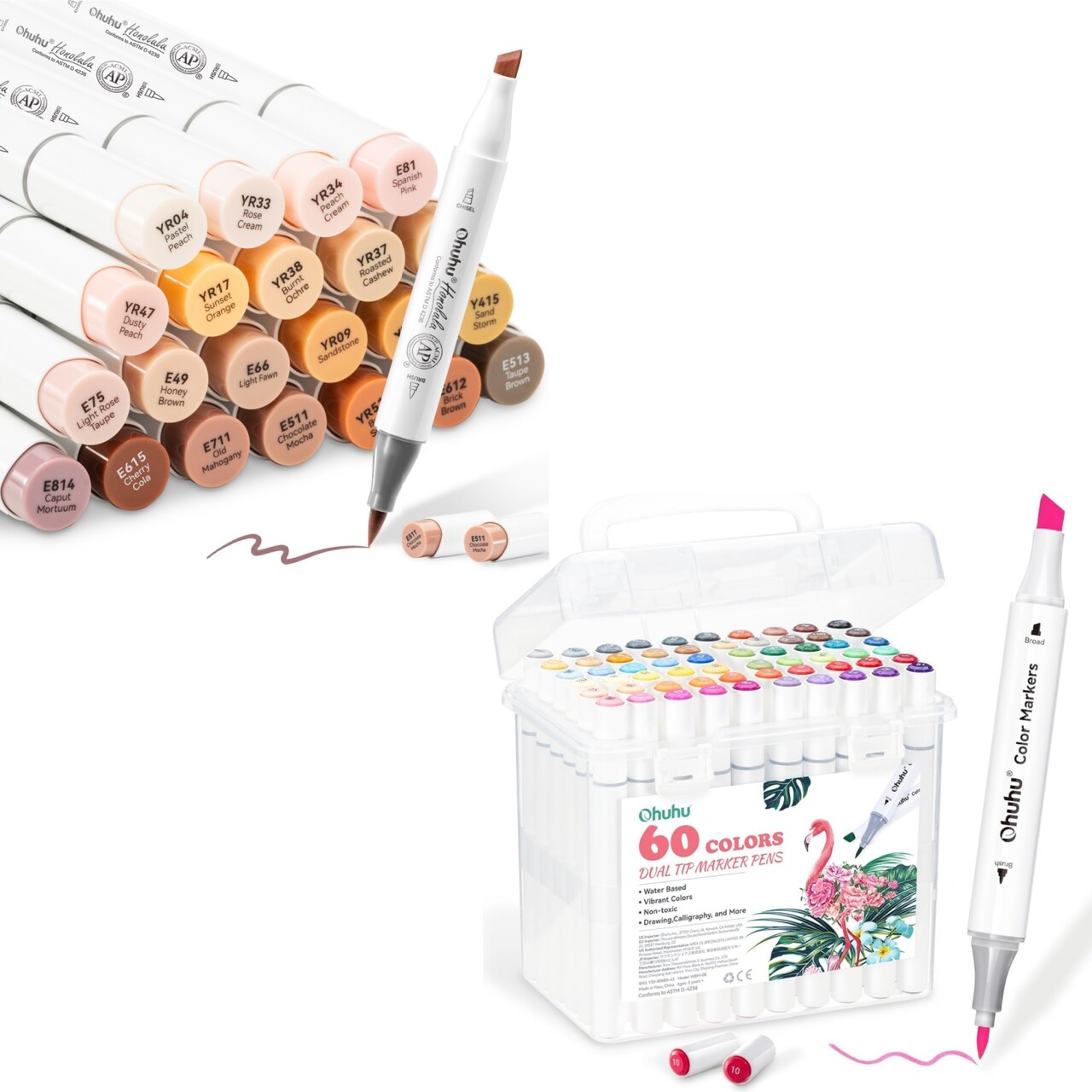 Ohuhu Honolulu 24 Skin Tone Alcohol Markers + 60 Color Water-Based Marker Set